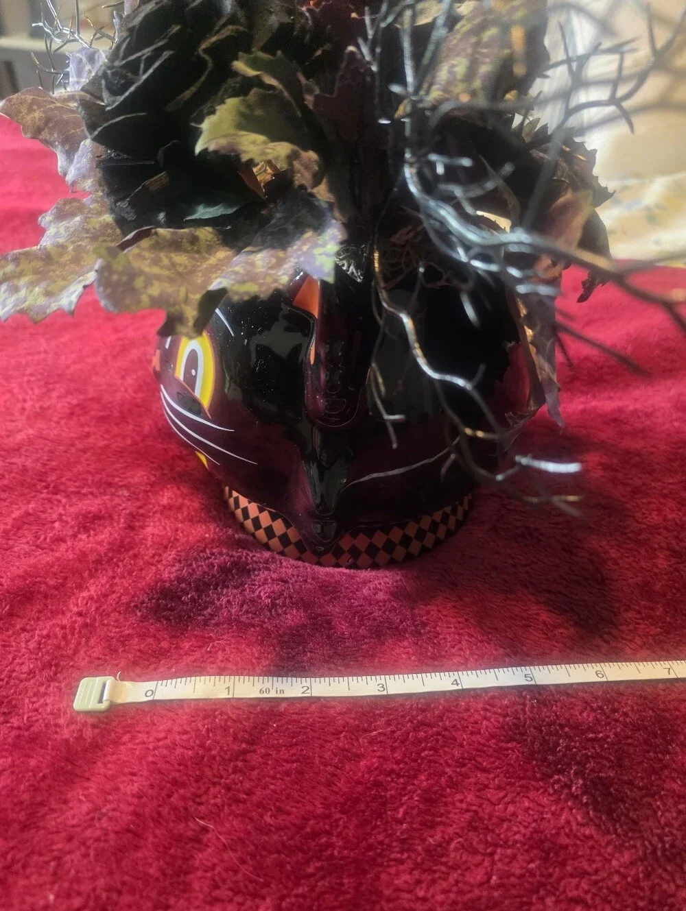 Halloween Artificial Floral Arrangement Cat Theme Black Ceramic Pot 10 Inches